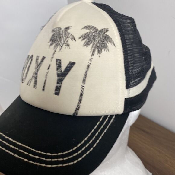ROXY Hat Cap Trucker Foam Snapback Mesh Palm Tree Black White Beach Surf Sun - Picture 5 of 11